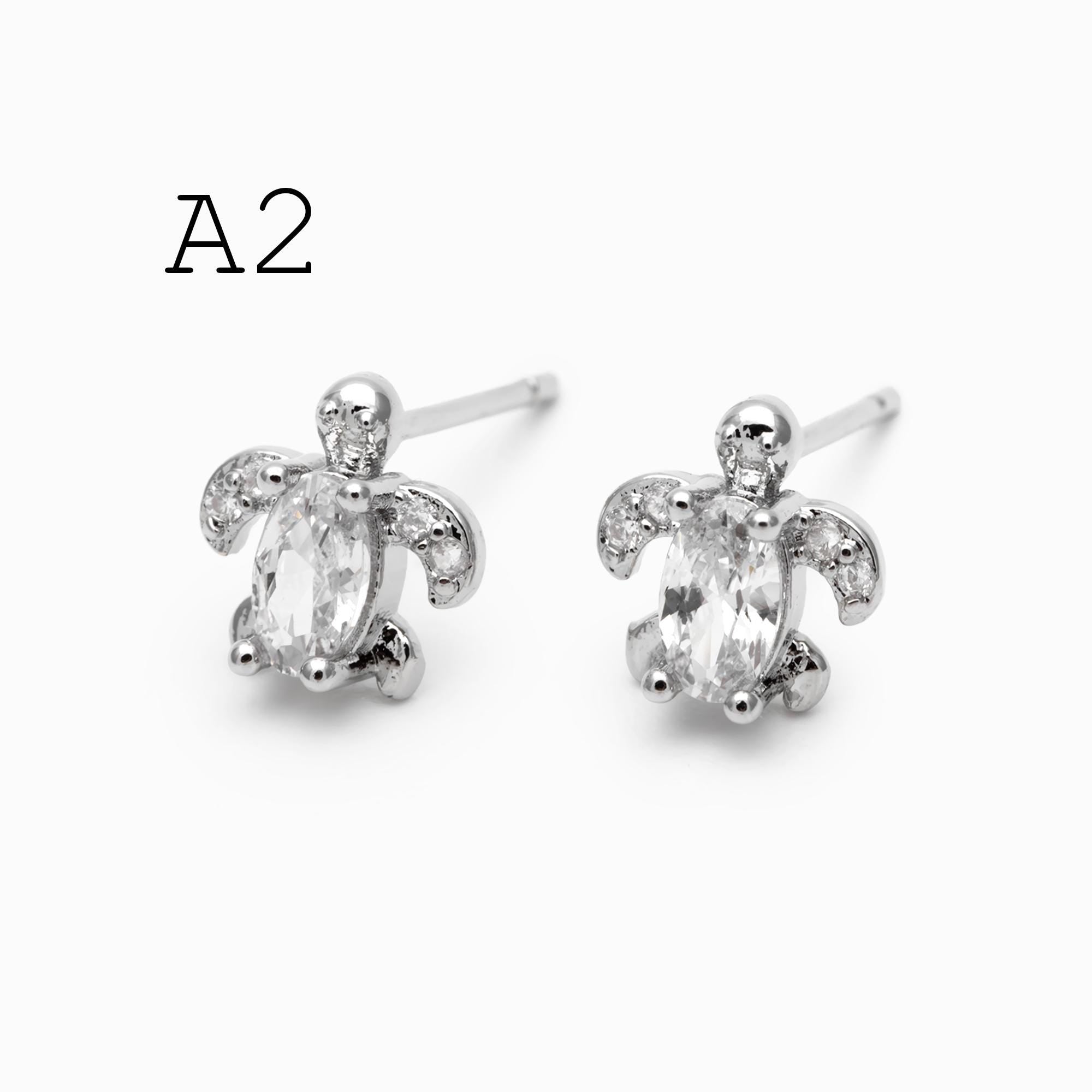 10pcs CZ Pave Gold/ Silver Tone Turtle Earrings, Gold/ Rhodium Plated Brass, Minimalist Stud Earrings (GB-3845)